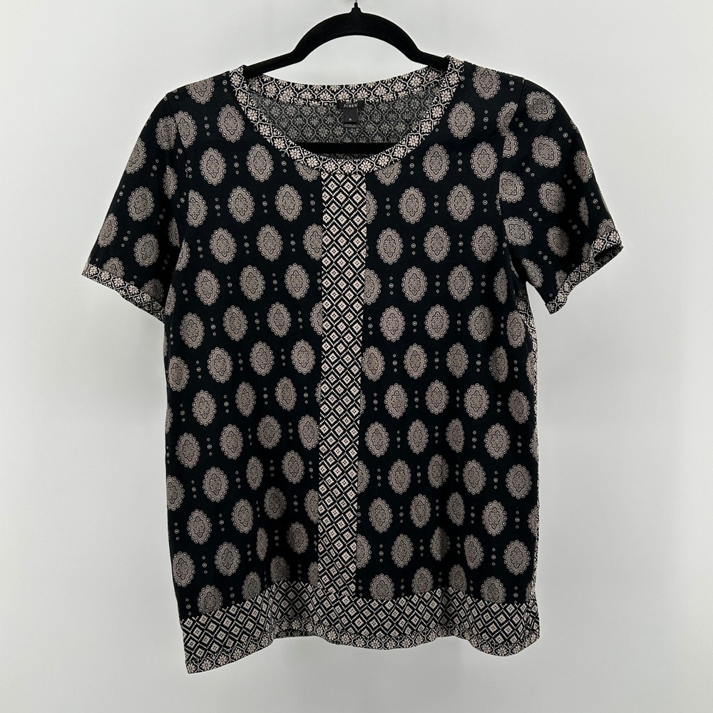 J.Crew Black Tan Medallion Floral‎ 100% Cotton Short Sleeve Top S Preppy Office
